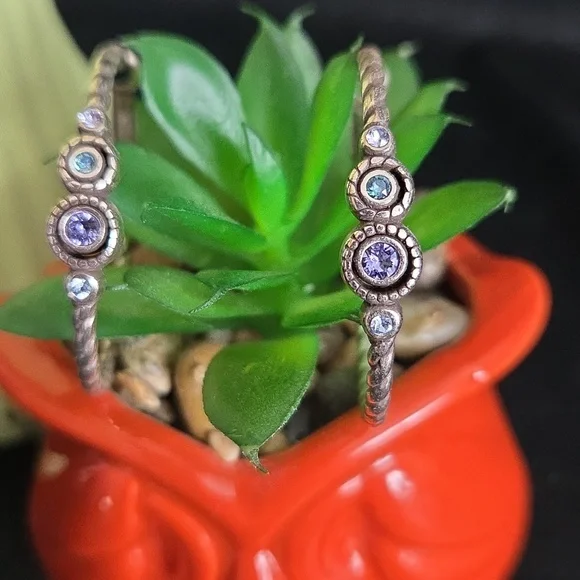 Brighton Halo Silver Hoop Earrings with Purple and Blue Stones - Picture 2 of 6